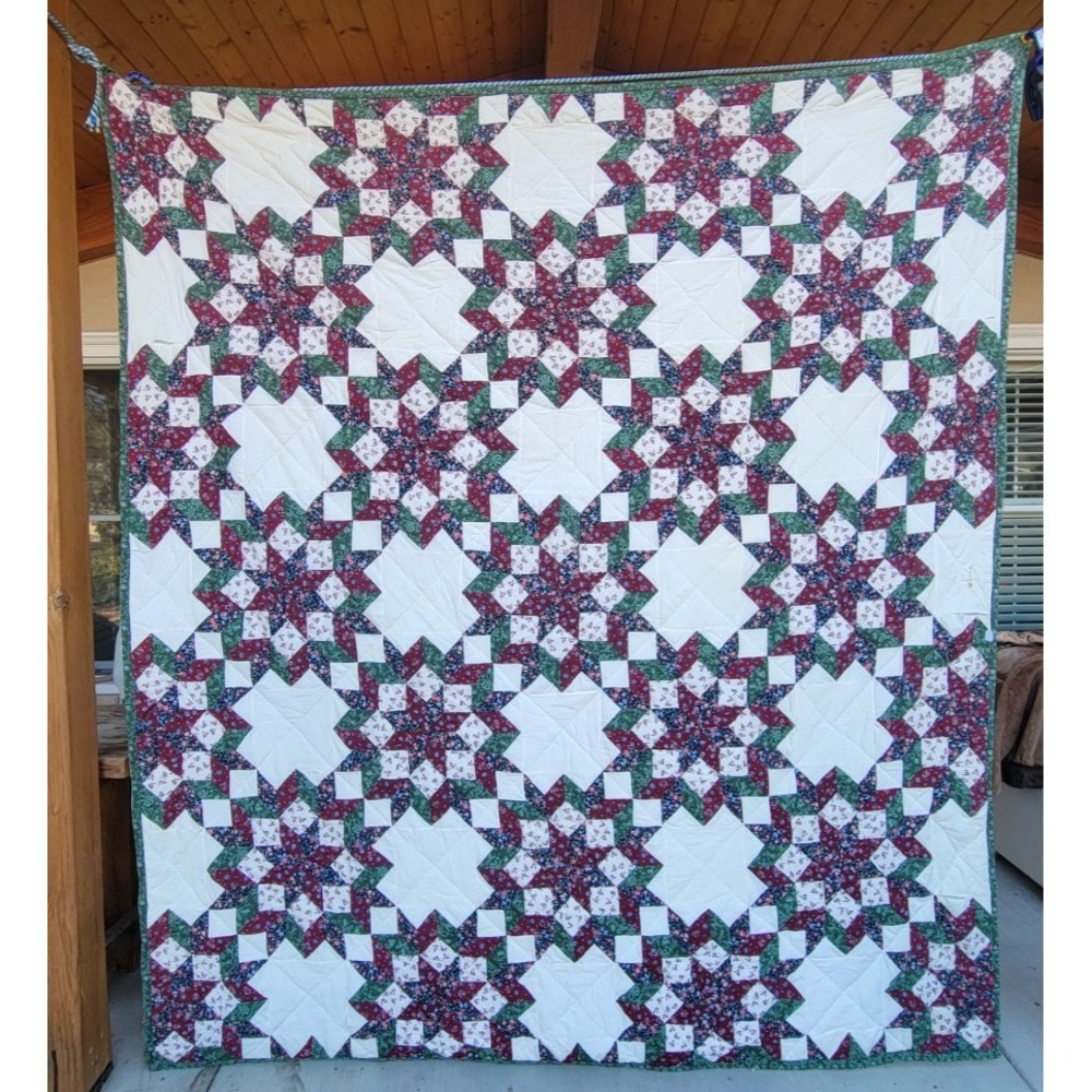 Vintage Handmade 8 Point Star Patchwork Quilt Queen 78x95 Burgundy Green Floral